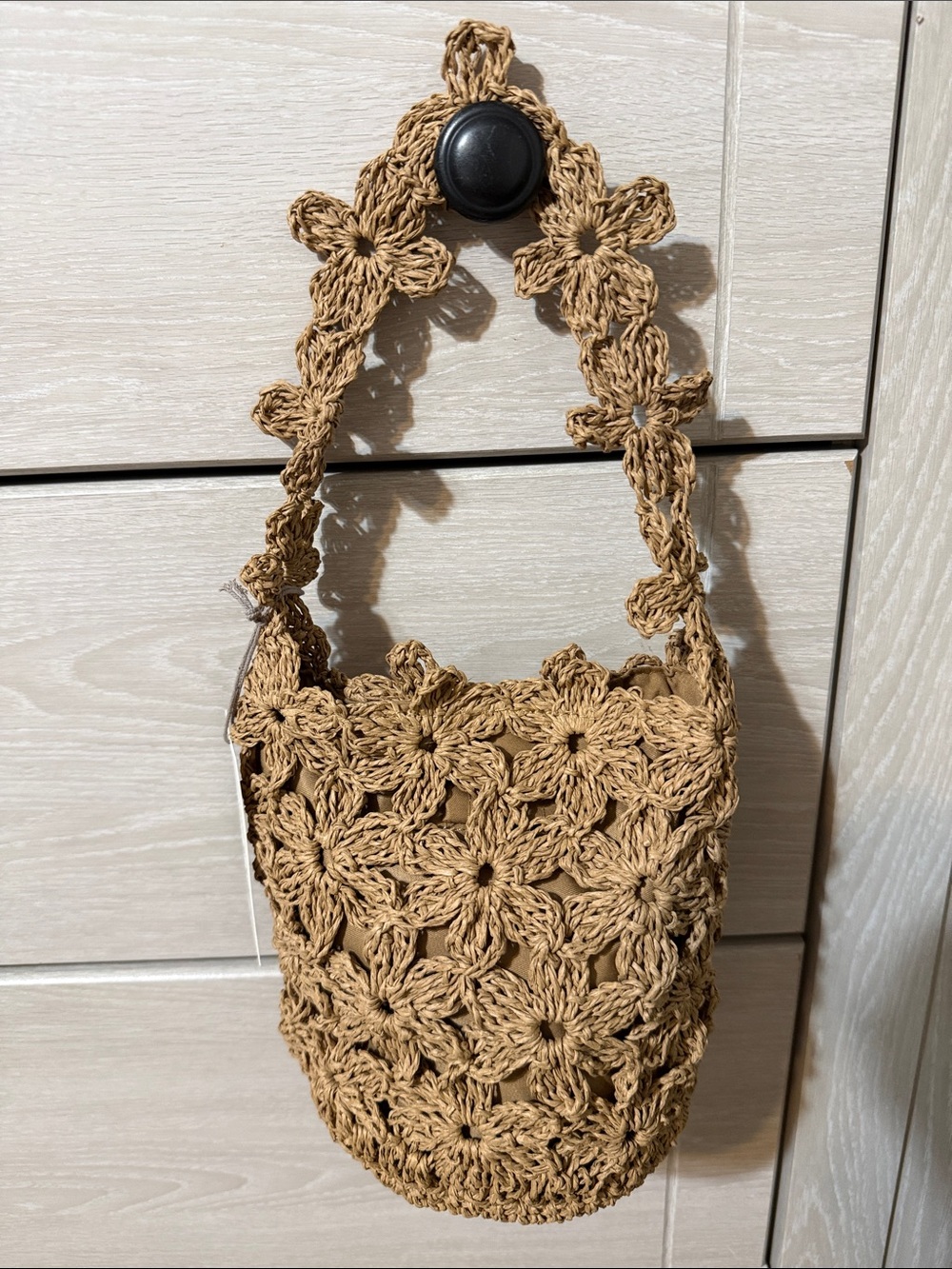 New! “a new day” Handwoven Floral Crochet Shoulder Bag - Tan